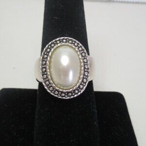 Sterling Silver and Oval Faux Pearl Ring, w/ dot and rope border, Size 8 USA